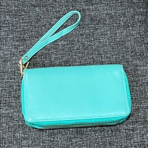 Teal blue double zip around wallet with wrist strap